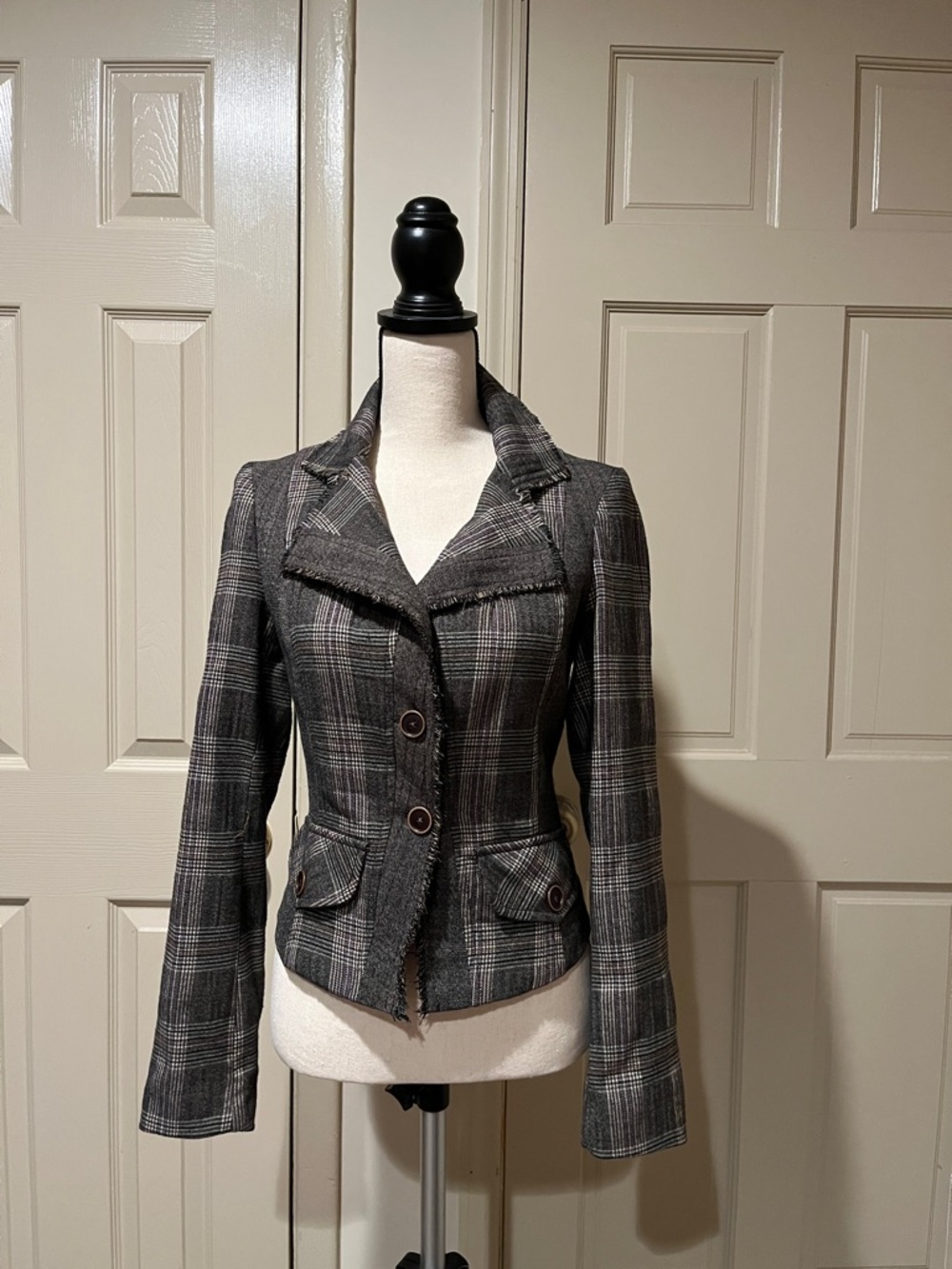 Promod Gray Plaid Fitted Blazer